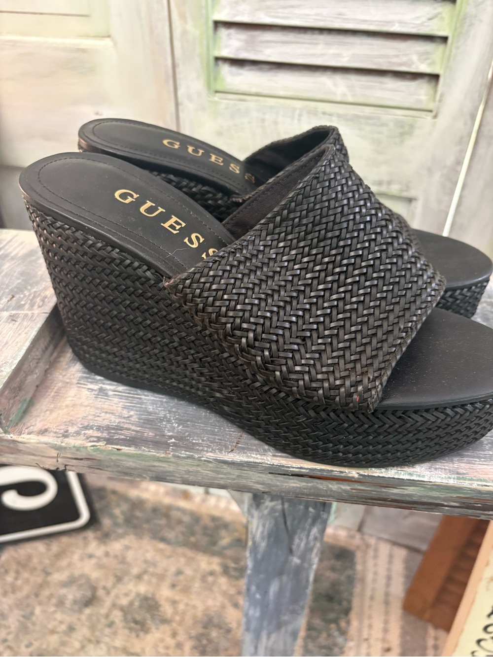 GUESS Black Woven Platform Wedge Slides